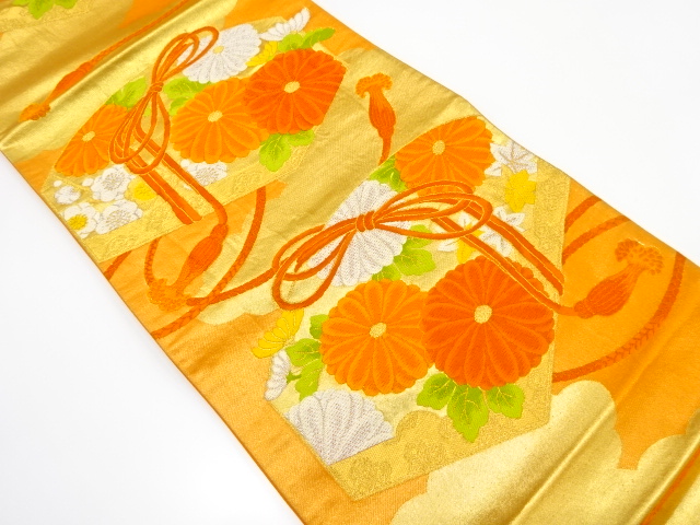 アンティーク　雲に菊・組紐模様織り出し袋帯（着用可）